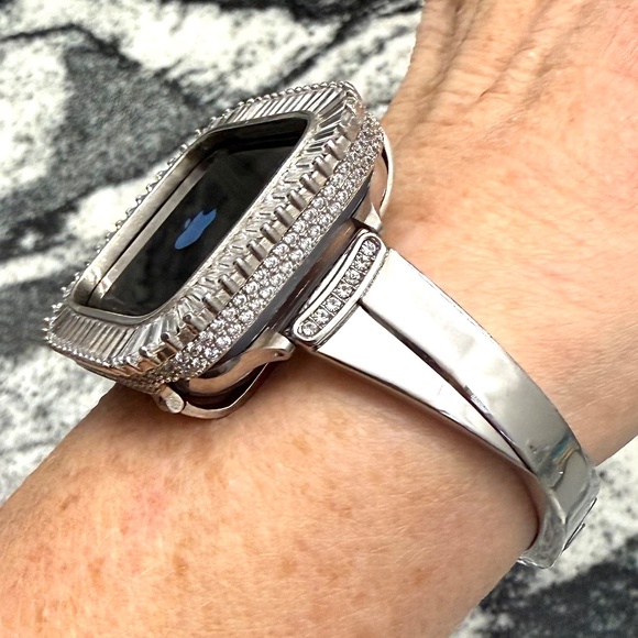 2 pc Apple Watch set white gold lab diamond case and crystal band classy bling - Picture 2 of 11